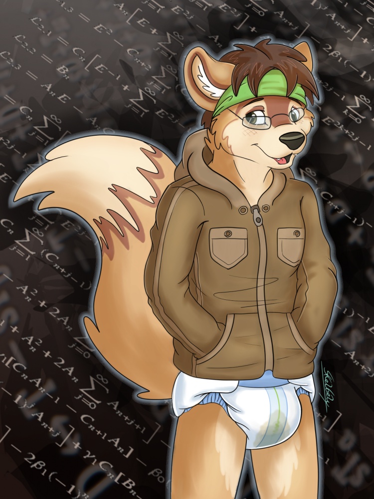 anthro biped black_nose blush canid canine clothing diaper dipstick_tail eyebrows eyewear fur glasses hair hands_in_pockets headband jacket male mammal multicolored_tail skelbely solo standing urine watersports wet_diaper wetting