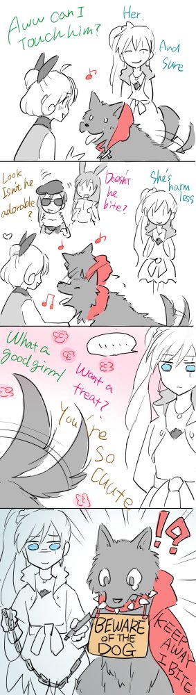 animalization blush cape chains coco_adel comic dog eyes_closed multiple_girls penny_polendina ruby_rose rwby side_ponytail velvet_scarlatina weiss_schnee white_hair