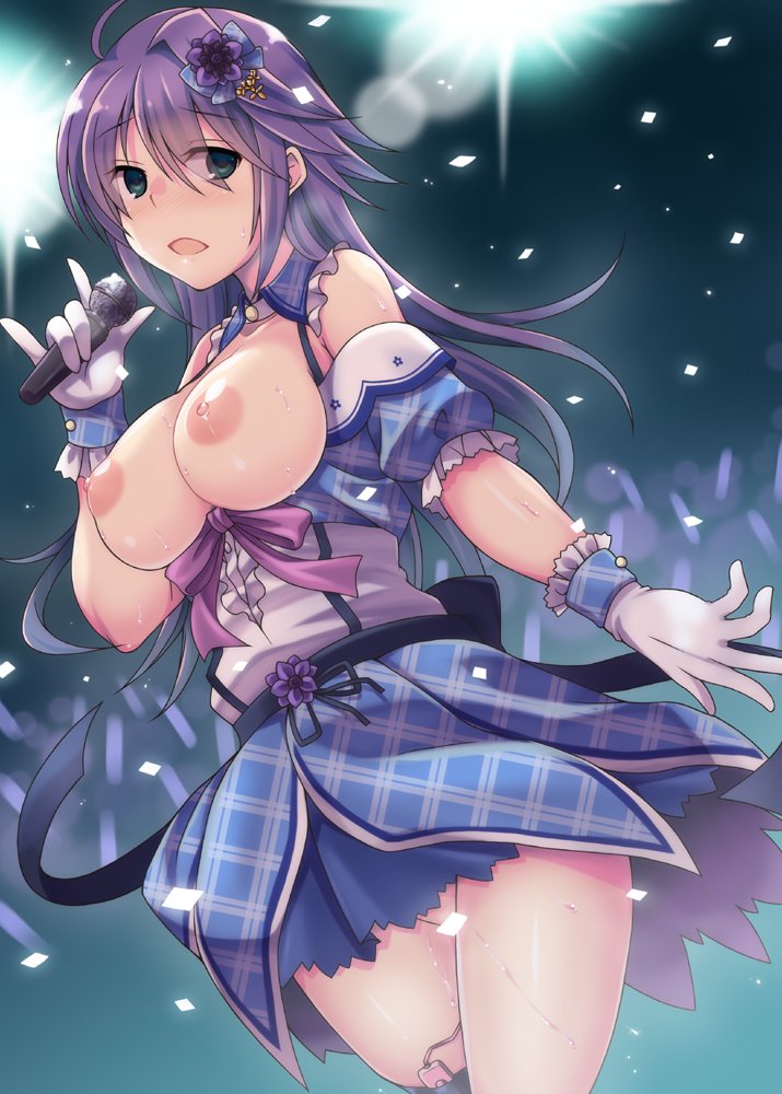 1girl \m/ anemone_(flower_knight_girl) back_bow bar_censor black_bow blue_eyes blue_skirt bow breasts breasts_outside censored concert cowboy_shot detached_collar flower flower_knight_girl frills gloves hair_bow hair_flower hair_ornament holding holding_microphone idol kuroama large_breasts long_hair looking_at_viewer microphone nipples no_panties open_mouth purple_bow purple_hair shiny shiny_skin simple_background skirt solo standing white_background white_gloves
