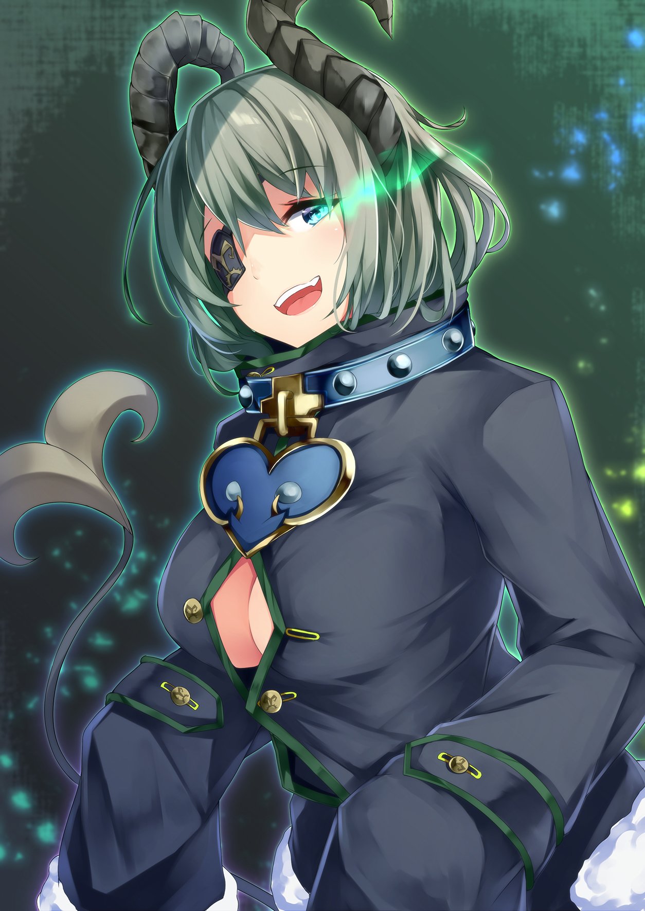 1girl bangs blue_eyes blush breasts buttons cleavage coat collar commentary cowboy_shot curled_horns demon_girl demon_horns demon_tail eyepatch fur_trim glowing glowing_eye green_hair highres honey_strap horns irohasu large_breasts looking_at_viewer open_mouth sekishiro_mico short_hair sleeves_past_fingers sleeves_past_wrists smile solo tail unbuttoned virtual_youtuber