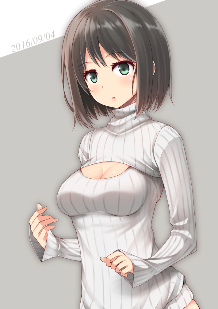 2016 :o bad_id bad_pixiv_id bangs big_wednesday blush breasts brown_hair cleavage cleavage_cutout dated eyebrows eyebrows_visible_through_hair grey_background long_sleeves looking_at_viewer medium_breasts meme_attire open-chest_sweater original parted_lips shiny shiny_skin simple_background solo striped sweater tareme turtleneck upper_body vertical_stripes
