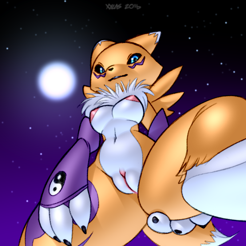2016 anthro breasts digimon female fur looking_at_viewer moon nipples pussy renamon solo star xylas yellow_fur
