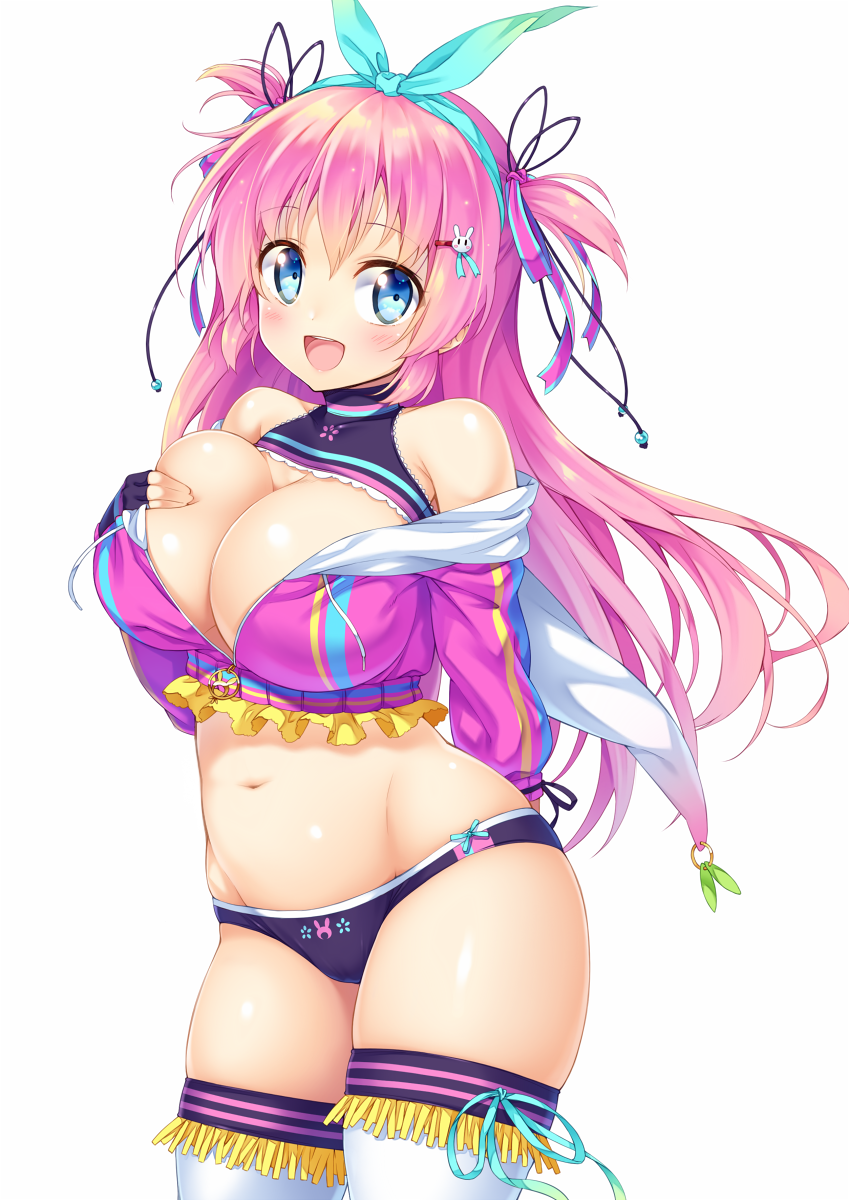 arm_behind_back bare_shoulders blue_eyes breasts cameltoe character_request commentary_request cowboy_shot crop_top deep_skin fringe_trim groin highres ichi_makoto large_breasts long_hair looking_at_viewer lord_of_walkure midriff navel off_shoulder pastel_colors pink_hair shiny shiny_skin simple_background skindentation smile solo thighs white_background yellow_frills