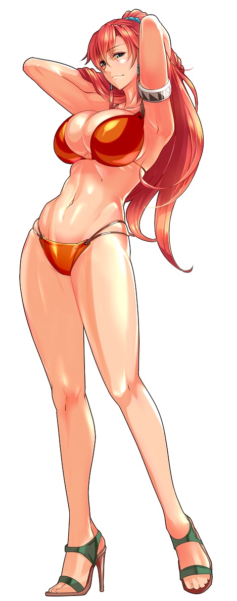 armlet armpits arms_up bellows_(suisei_no_gargantia) bikini blue_eyes breasts brown_bikini cleavage commentary_request full_body groin hair_tubes high_heels large_breasts light_smile long_hair looking_at_viewer navel ponytail puropera_(puropera) red_hair sideboob simple_background solo standing stomach suisei_no_gargantia swimsuit underboob white_background