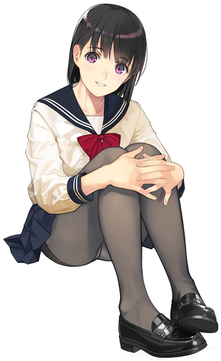 1girl bangs black_hair black_legwear blue_skirt blush commentary_request crotch_seam eyebrows_visible_through_hair hands_on_own_knees highres interlocked_fingers loafers long_sleeves looking_at_viewer mibu_natsuki neckerchief open_mouth original own_hands_together panties panties_under_pantyhose pantyhose pleated_skirt purple_eyes red_neckwear school_uniform serafuku shirt shoes short_hair simple_background sitting skirt smile solo thighband_pantyhose underwear white_background white_panties white_shirt