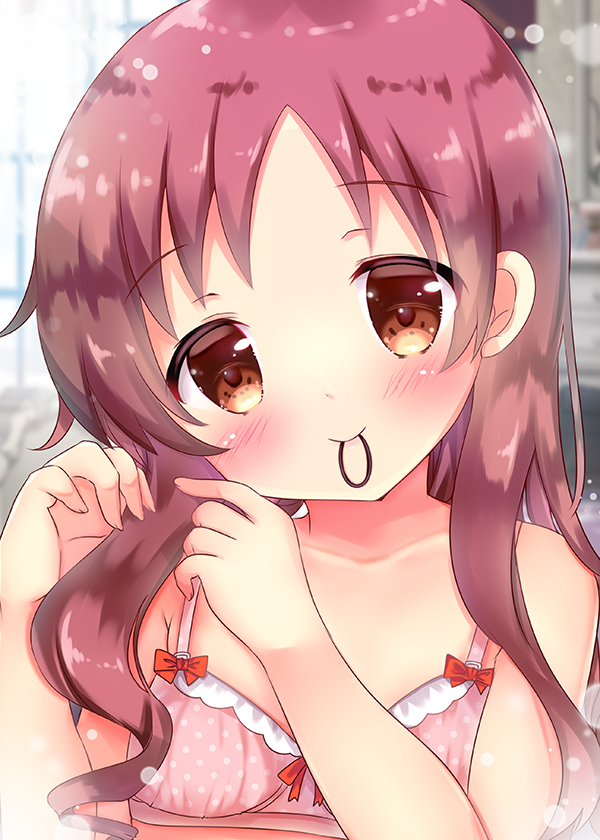 1girl bangs bare_shoulders blurry blurry_background blush bow bow_bra bra breasts brown_eyes brown_hair bunching_hair closed_mouth collarbone commentary_request depth_of_field eyebrows_visible_through_hair fingernails gochuumon_wa_usagi_desu_ka? hair_tie hair_tie_in_mouth head_tilt long_hair looking_at_viewer mouth_hold natsu_megumi pink_bra polka_dot polka_dot_bra rikatan small_breasts smile solo underwear underwear_only upper_body
