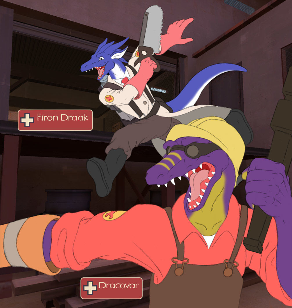 anthro clothed clothing dracovar_valeford dragon duo engineer_(team_fortress_2) firondraak male medic_(team_fortress_2) open_mouth saw sharp_teeth smile standing team_fortress_2 teeth tools valve video_games