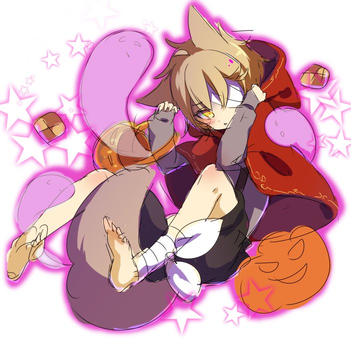 1boy barefoot blonde_hair blush checkered cookie food ghost halloween_costume hood kemonomimi_mode looking_at_viewer male_focus mizuhoshi_taichi oliver_(vocaloid) pumpkin red_hood shorts solo tail vocaloid wolf_tail