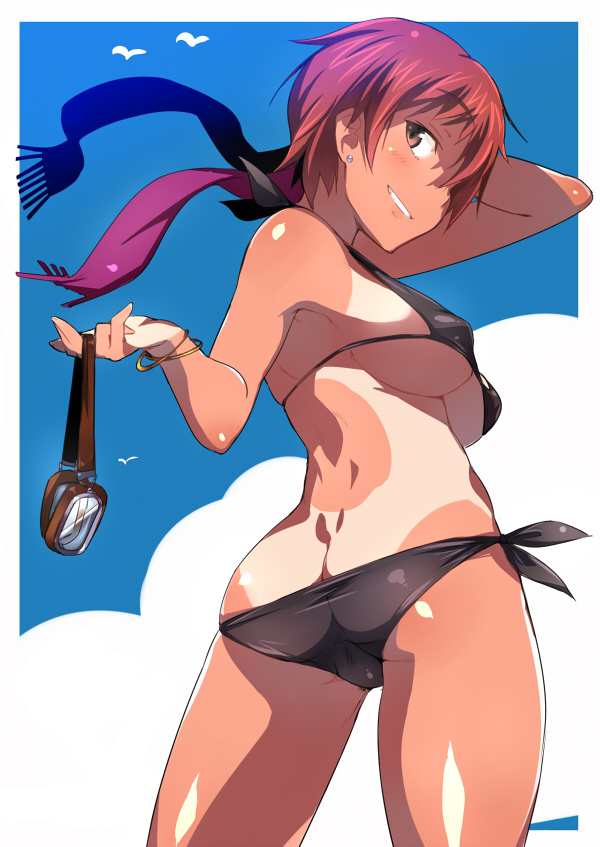 arm_up ass back bikini blush bracelet breasts brown_eyes butt_crack cloud cowboy_shot earrings em from_behind goggles grin hand_behind_head holding jewelry katou_keiko large_breasts looking_at_viewer looking_back one-piece_tan red_hair scarf side-tie_bikini sky smile solo swimsuit tan tanline twisted_torso world_witches_series