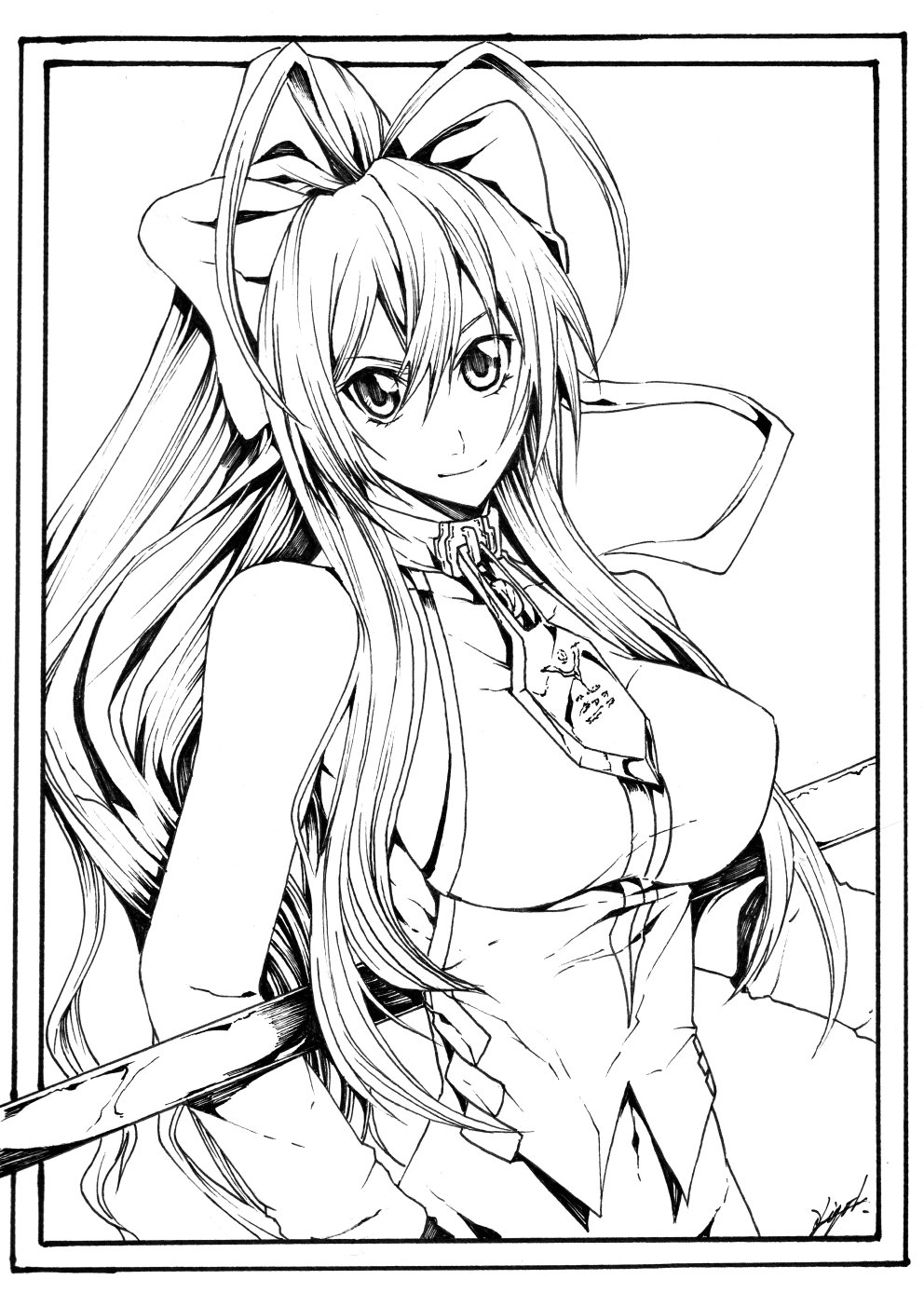 &gt;:) antenna_hair backless_outfit bangs bare_shoulders behind_back blazblue blazblue:_central_fiction blazblue_variable_heart bow breasts genderswap genderswap_(mtf) gloves greyscale hair_between_eyes hair_bow halter_top halterneck highres holding holding_weapon kigoh large_breasts long_hair looking_at_viewer mai_natsume midriff monochrome navel no_bra no_panties outseal polearm ponytail revealing_clothes ribbon sideboob sidelocks smile solo spear standing upper_body v-shaped_eyebrows very_long_hair weapon