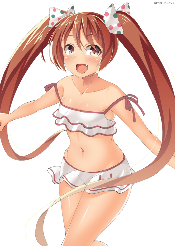 bad_id bad_pixiv_id bikini brown_eyes brown_hair collarbone fang frilled_bikini frilled_skirt frills kankitsunabe_(citrus) kantai_collection libeccio_(kantai_collection) long_hair open_mouth outstretched_arms skirt smile solo swimsuit twintails