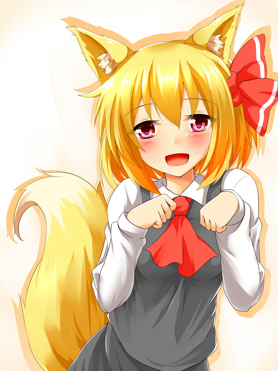 :d animal_ears blonde_hair blush cravat fox_ears fox_tail hair_between_eyes hair_ribbon highres kemonomimi_mode long_sleeves looking_at_viewer open_mouth paw_pose purple_eyes ribbon rody_(hayama_yuu) rumia shirt short_hair silhouette simple_background smile solo tail touhou upper_body vest white_shirt wing_collar