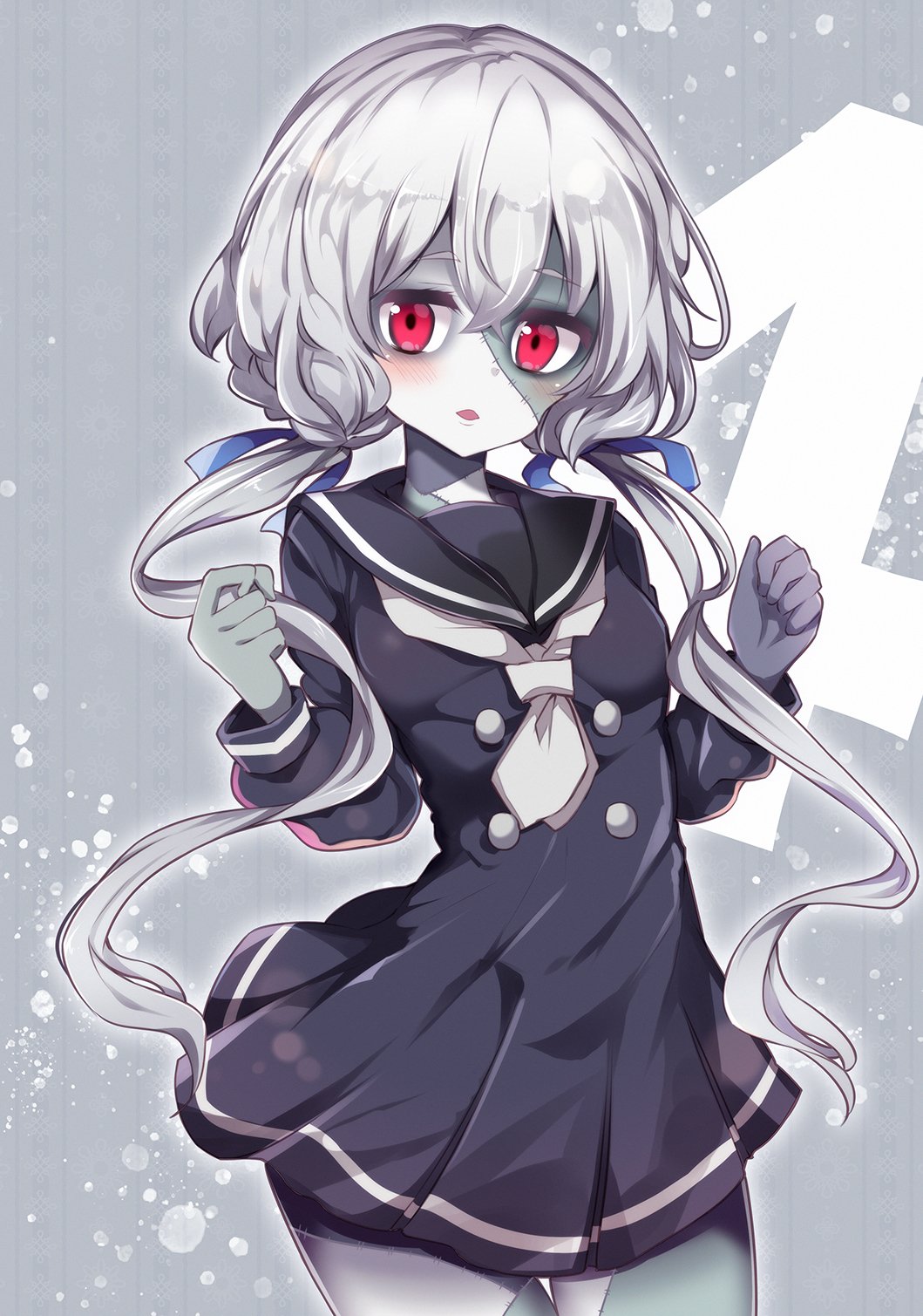 4 bangs black_dress black_sailor_collar blue_ribbon blush breasts commentary_request cowboy_shot dress eyebrows_visible_through_hair grey_background grey_neckwear hair_between_eyes hair_ribbon hands_up head_tilt highres konno_junko long_hair long_sleeves looking_at_viewer low_twintails maturiuta_sorato neckerchief number pale_skin parted_lips pleated_dress red_eyes ribbon sailor_collar sailor_dress short_dress silver_hair simple_background small_breasts solo standing stitches thighs twintails very_long_hair zombie zombie_land_saga