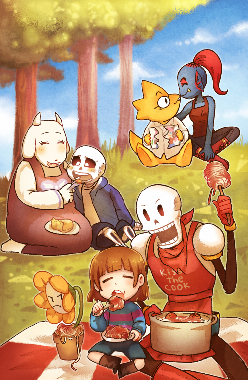 3girls alphys androgynous apron blanket blush closed_eyes clothes_writing fang flowey_(undertale) food fork frisk_(undertale) frown glasses goat_girl good_end head_fins horns jacket kataro kiss kneeling multiple_boys multiple_girls open_mouth papyrus_(undertale) pasta plant plate ponytail pot potted_plant red_hair sans sitting skeleton skull spaghetti tail toriel undertale undyne yuri