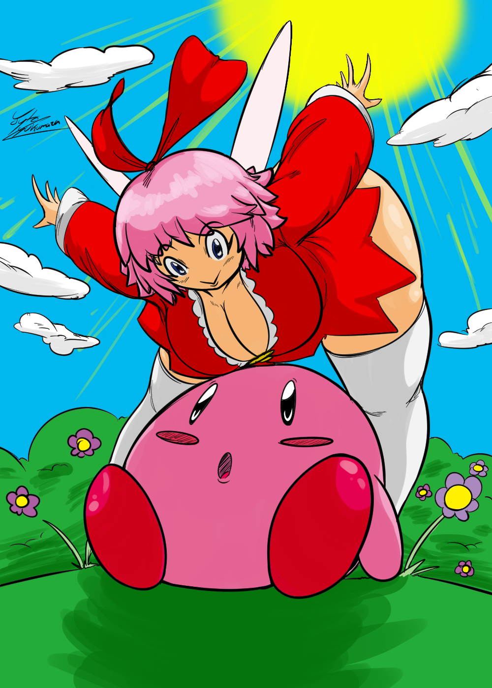 alien big_breasts blue_eyes blush breasts clothed clothing digital_media_(artwork) duo female hair huge_breasts human jyto kirby kirby_(series) mammal nintendo not_furry open_mouth ribbon(kirby) simple_background smile text video_games waddling_head