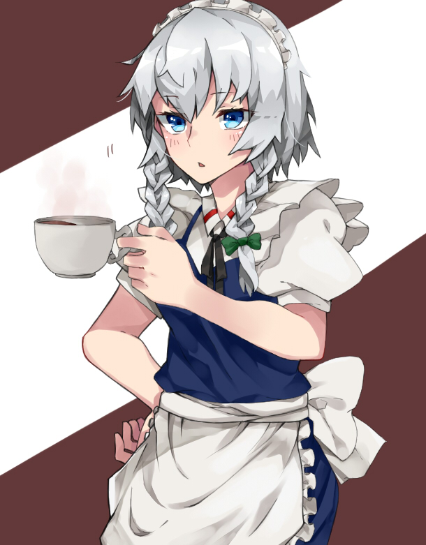 1girl aasu_(mhgbh510) apron bangs black_neckwear black_ribbon blue_dress blue_eyes blush bow braid brown_background commentary_request cowboy_shot cup dress eyebrows_visible_through_hair frilled_apron frills green_bow hair_between_eyes hair_bow hand_on_hip holding holding_cup izayoi_sakuya looking_at_viewer maid maid_apron maid_headdress neck_ribbon parted_lips puffy_short_sleeves puffy_sleeves ribbon shirt short_hair short_sleeves silver_hair solo standing teacup touhou twin_braids two-tone_background waist_apron white_apron white_background white_shirt