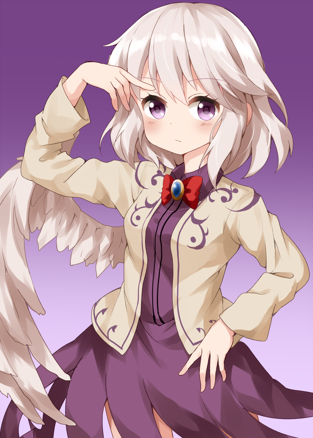 1girl alternate_eye_color arm_up bangs beige_jacket blush bow bowtie breasts brooch commentary_request cowboy_shot dress eyebrows_visible_through_hair feathered_wings gradient gradient_background hair_between_eyes highres jacket jewelry kishin_sagume looking_at_viewer medium_breasts open_clothes open_jacket purple_background purple_dress purple_eyes red_bow red_neckwear ruu_(tksymkw) short_hair silver_hair single_wing solo touhou white_wings wing_collar wings