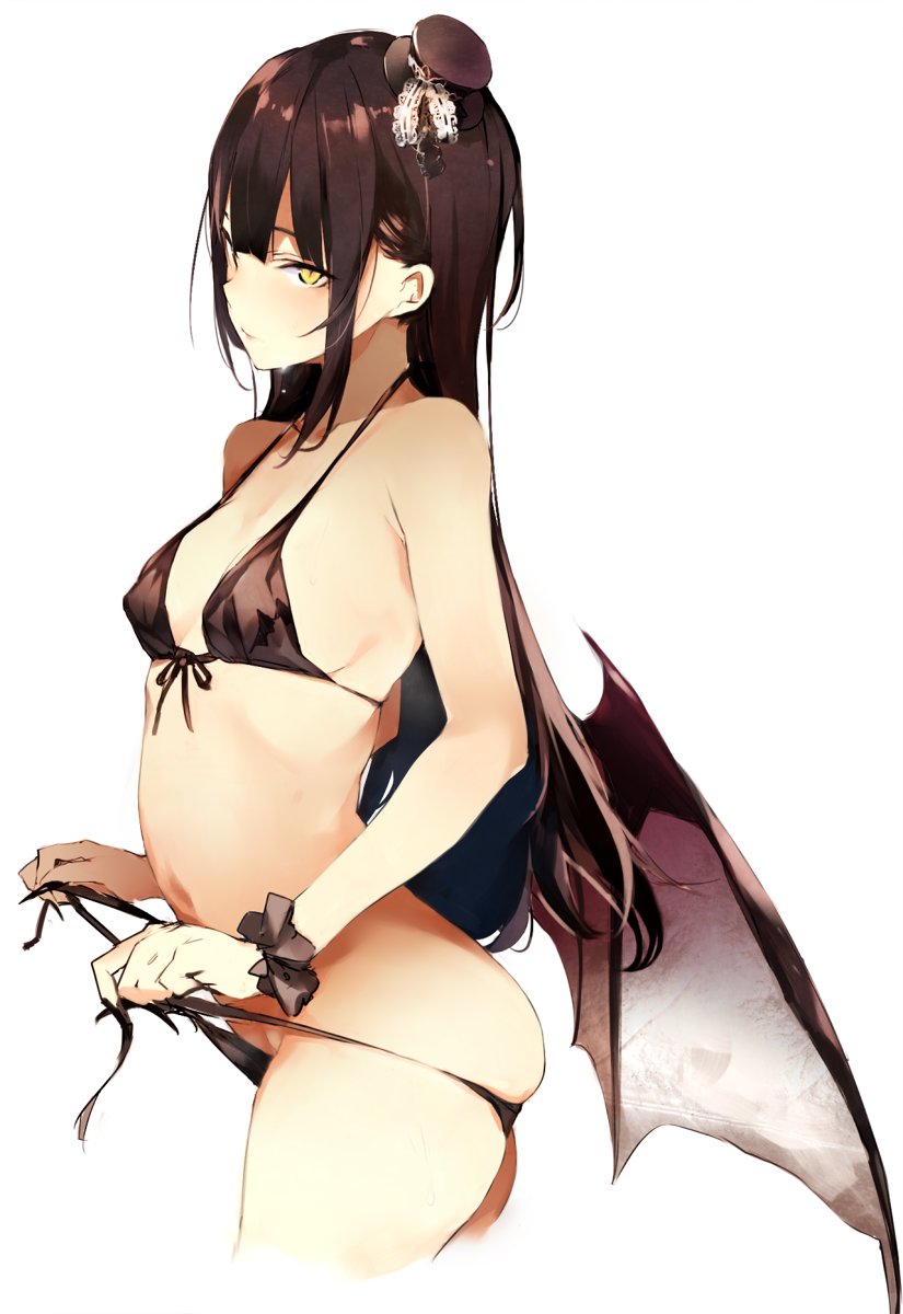 arched_back bikini black_hair blush breasts contrapposto cowboy_shot cropped_legs demon_girl demon_wings front-tie_bikini front-tie_top hat highres long_hair low_wings mini_hat navel original scrunchie shunsei_(muratou) side-tie_bikini simple_background skindentation slit_pupils small_breasts solo standing sweat swimsuit untied untied_bikini white_background wings wrist_scrunchie yellow_eyes