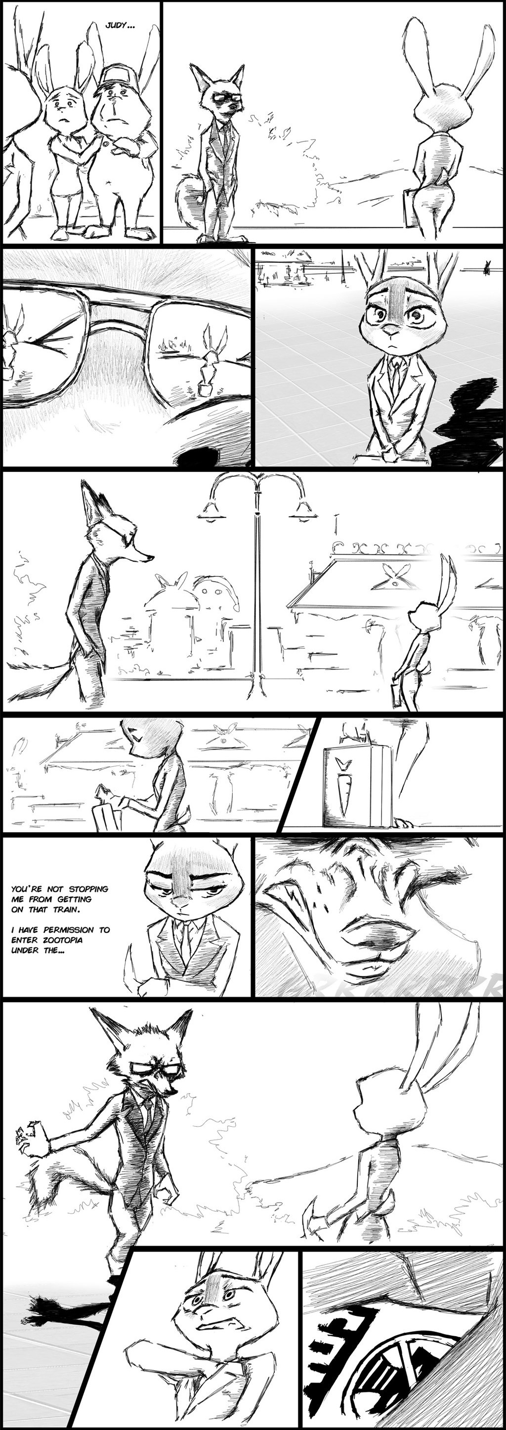 absurd_res anthro bonnie_hopps canine clenched clothed clothing comic disney eyewear female fox fur hi_res judy_hopps lagomorph male mammal necktie nick_wilde rabbit shadow stu_hopps suit sunglasses teeth text thewyvernsweaver train vehicle zootopia