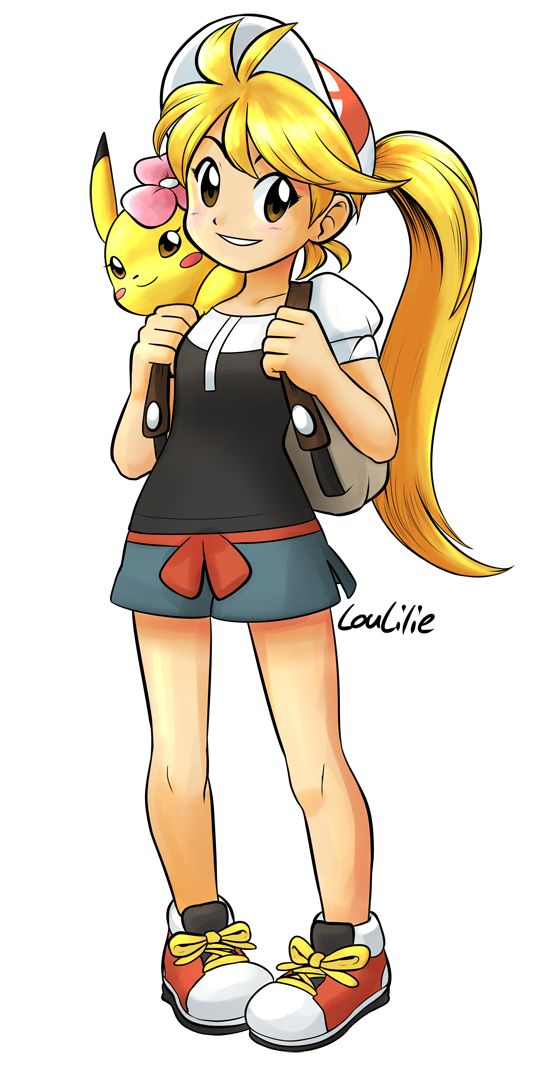 1girl ayumi_(pokemon) ayumi_(pokemon)_(cosplay) backpack bag blonde_hair blue_shorts blush brown_eyes chuchu_(pokemon) collarbone commentary cosplay creatures_(company) deviantart_username english_commentary flat_chest flower full_body game_freak gen_1_pokemon hair_flower hair_ornament happy long_hair looking_at_viewer loulilie nintendo pikachu pokemon pokemon_(game) pokemon_lgpe pokemon_on_shoulder pokemon_special shoelaces shoes short_shorts short_sleeves shorts signature smile solo transparent_background very_long_hair yellow_(pokemon)