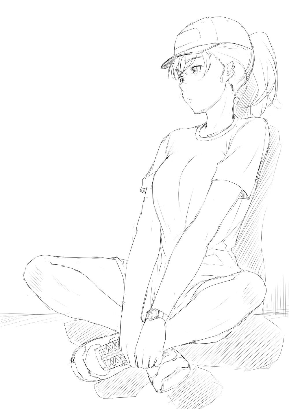 baseball_cap breasts greyscale hat highres holding_feet indian_style medium_breasts monochrome niwatazumi original parted_lips ponytail shadow shirt shoes short_sleeves shorts sitting sketch sneakers solo t-shirt wall watch wristwatch