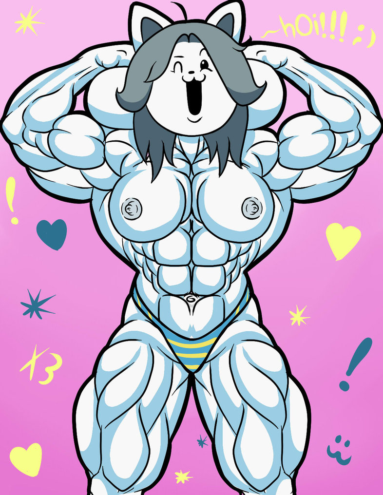 &lt;3 abs armpits biceps breasts canine cat clothed clothing dog feline female flexing happy i_hoi_phone looking_at_viewer mammal muscular muscular_female navel nipples one_eye_closed temmie_(undertale) topless undertale video_games wink