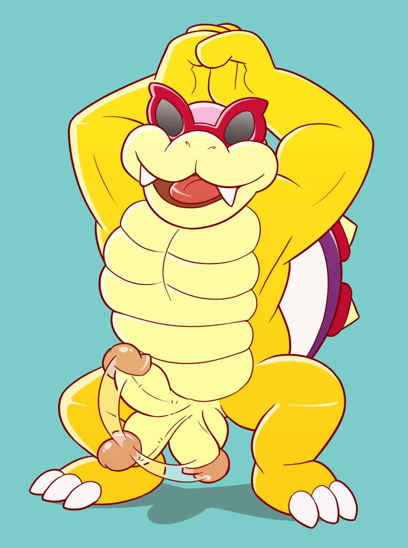 2016 anti_dev balls eyewear hi_res koopa koopaling male mario_bros motion_lines muscular nintendo nude open_mouth penis roy_koopa scalie shell simple_background smile solo spikes sunglasses tongue video_games