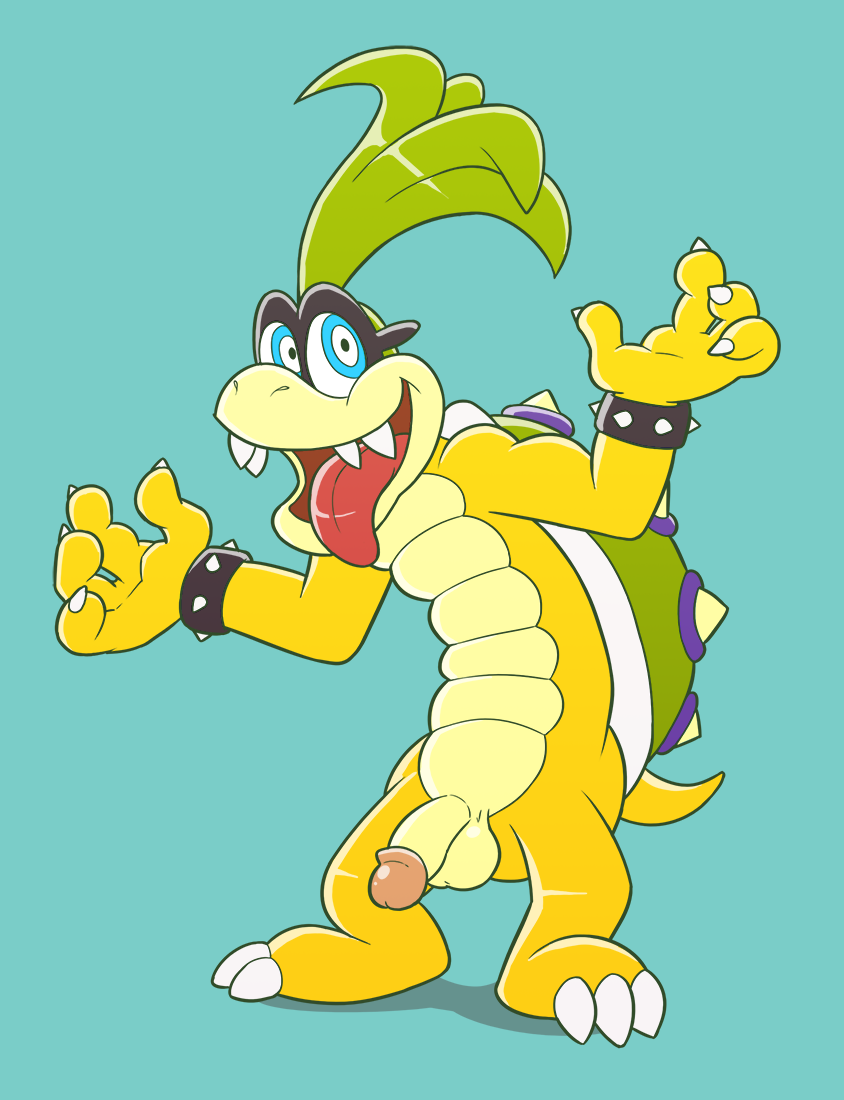 2016 anthro anti_dev balls biceps hi_res iggy_koopa koopa koopaling male mario_bros nintendo nude open_mouth penis scalie shell simple_background smile solo spikes tongue video_games