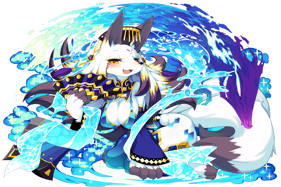 animal_ears black_hair blonde_hair blush breasts cleavage daji detached_sleeves facial_mark fan fang forehead_mark fullbokko_heroes furry hat holding kishibe large_breasts multicolored_hair official_art open_mouth slit_pupils solo tail white_background yellow_eyes