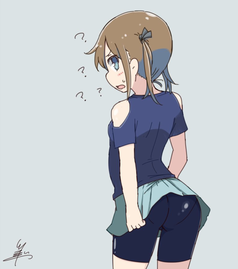 ? ass bangs bike_shorts blue_eyes blue_shirt blue_skirt brown_hair commentary_request cowboy_shot from_behind grey_background hair_ribbon looking_at_viewer looking_back open_mouth original ribbon shirt short_sleeves shorts shorts_under_skirt shoulder_cutout signature simple_background skirt solo standing sweatdrop tsukigi twintails