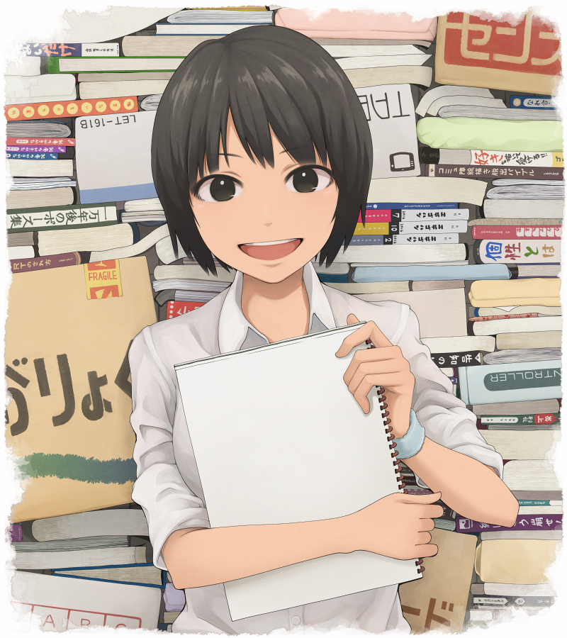 black_eyes black_hair book breasts commentary_request grin holding looking_at_viewer medium_breasts notebook open_mouth original short_hair smile solo text_focus upper_body yajirushi_(chanoma)