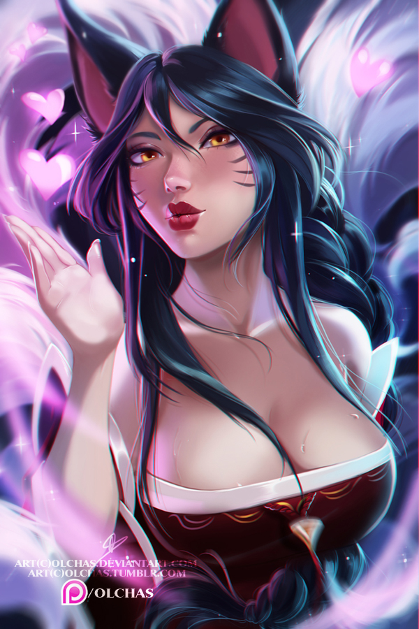 1girl ahri animal_ears artist_request bare_shoulders black_hair blush breasts cleavage facial_mark female kitsunemimi large_breasts league_of_legends long_hair looking_at_viewer olchas solo tail underboob upper_body water whisker_markings yellow_eyes