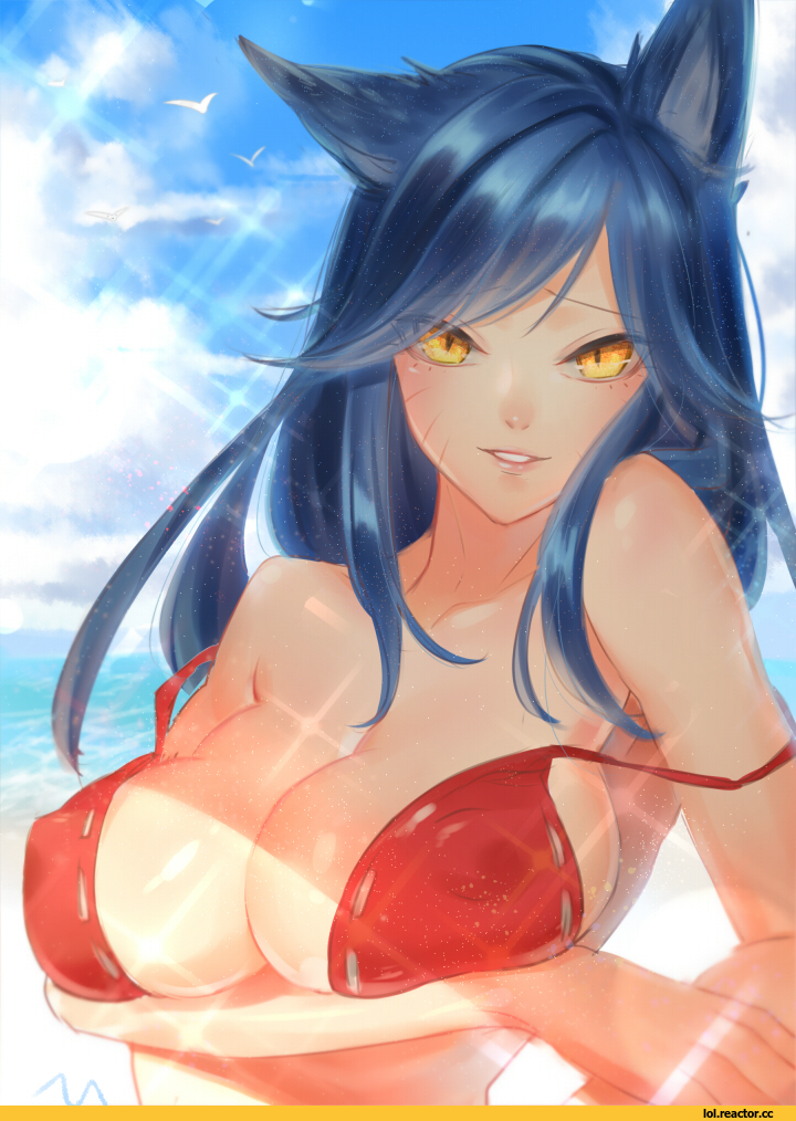 1girl ahri animal_ears bare_shoulders bikini black_hair blush breasts cleavage erect_nipples erect_nipples_under_clothes facial_mark female hand_on_hip hikarusorano kitsunemimi large_breasts league_of_legends long_hair looking_at_viewer nipples ocean open_mouth outdoors pussy slit_pupils smile solo sunlight swimsuit tail underboob upper_body water whisker_markings yellow_eyes