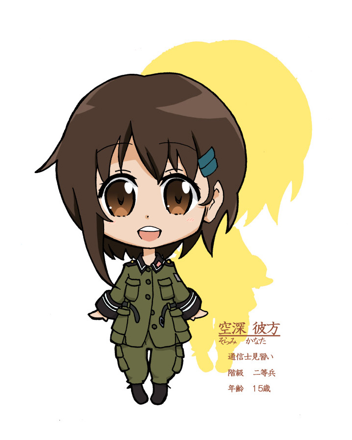 asymmetrical_hair brown_eyes brown_hair chibi drop_shadow hair_ornament hairclip helvetian_military_uniform military military_uniform shadow short_hair solo sonobashi_nogi sora_no_woto sorami_kanata stats uniform