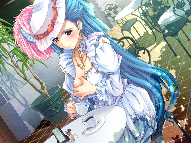blue_eyes blue_hair blush breasts breasts_outside buttons chair charlotte_partheney checkered checkered_floor closed_mouth coffee cup daiteikoku door dress dutch_angle earrings ears expressionless eyebrows feathers fingernails fingers flower frilled_dress frills fur game_cg grabbing grabbing_own_breast hands hat jewelry long_hair menu_board necklace nipples non-web_source open_eyes orion_(orionproject) outdoors plant plate pot potted_plant rose salt_shaker shadow sitting small_breasts solo spoon stone table teacup tile_floor tiles touching very_long_hair white_dress white_hat window