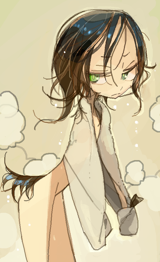 1girl amiami female green_eyes nude solo tail towel towel_around_neck wet wet_hair