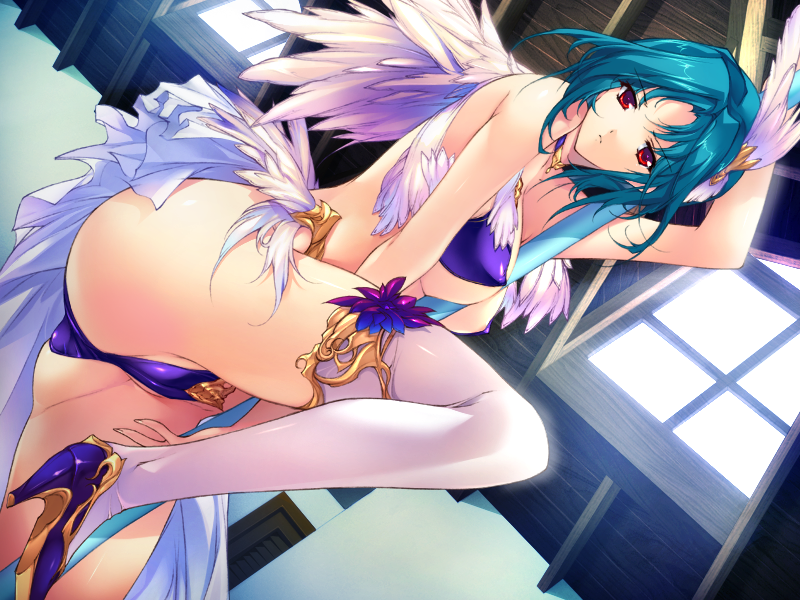 aqua_hair ass between_breasts bikini bra breasts clione_al-iman daiteikoku door dutch_angle feathered_wings feathers flower from_below from_side frown game_cg high_heels indoors jewelry knee_up leg_up looking_at_viewer looking_down medium_breasts min-naraken necklace panties pole pole_dancing purple_bikini purple_bra purple_panties red_eyes short_hair skirt solo standing standing_on_one_leg stripper_pole swimsuit thighhighs underwear wall white_legwear white_skirt window wings