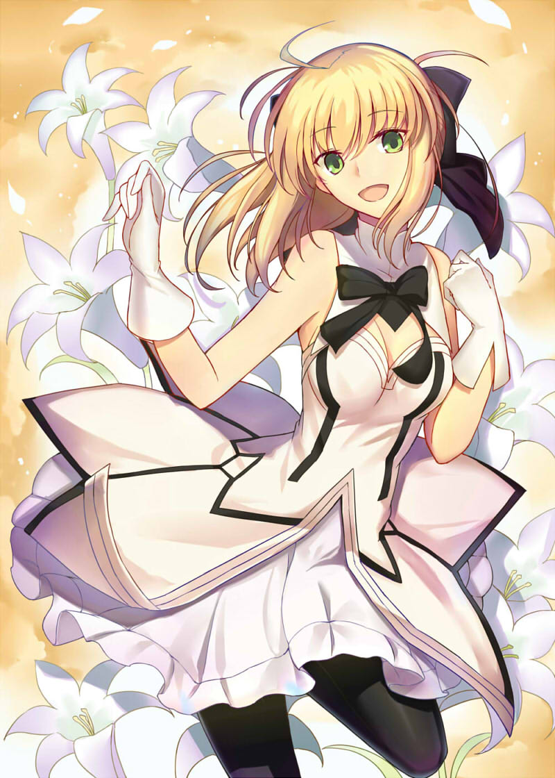 :d artoria_pendragon_(all) bare_shoulders black_legwear blonde_hair dress fate/grand_order fate/stay_night fate/unlimited_codes fate_(series) flower gloves green_eyes kauto lily_(flower) long_hair looking_at_viewer open_mouth pantyhose saber saber_lily sleeveless smile solo white_gloves