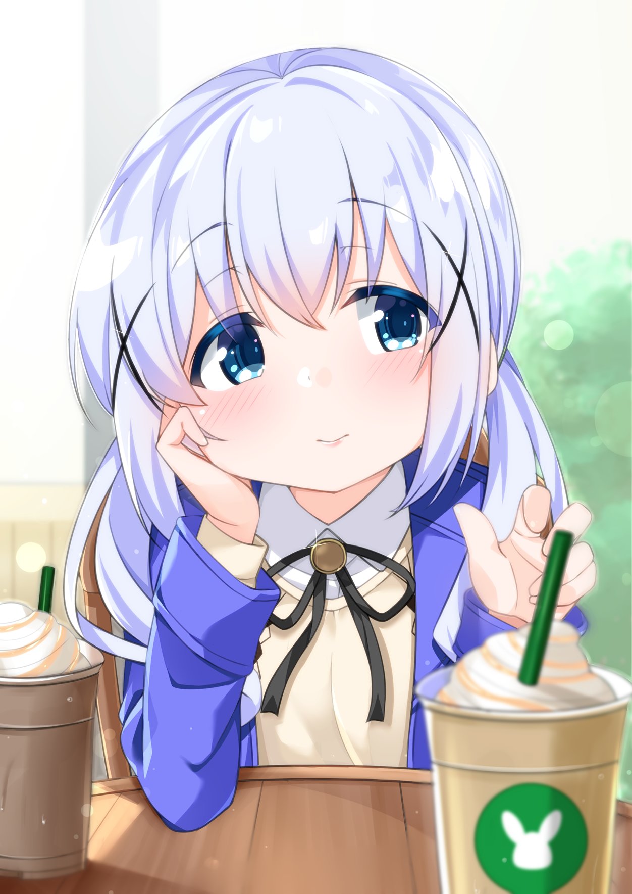 1girl arm_support black_ribbon blue_eyes blue_hair blue_jacket blurry blurry_background blurry_foreground blush brown_sweater cacao_(chocolat) chair closed_mouth collared_shirt commentary_request cup depth_of_field disposable_cup drinking_straw gochuumon_wa_usagi_desu_ka? hair_ornament hands_up head_tilt highres jacket kafuu_chino long_hair looking_at_viewer low_twintails neck_ribbon on_chair open_clothes open_jacket ribbon shirt sidelocks sitting solo sweater table twintails upper_body white_shirt x_hair_ornament