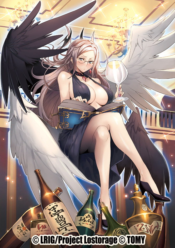 1girl alcohol black_collar black_dress black_footwear black_wings book bottle breasts chandelier cleavage cup dress full_body gem grey_eyes high_heels holding holding_cup indoors ishibashi_yosuke large_breasts legs_crossed long_hair looking_at_viewer mismatched_wings nail_polish official_art open_book pink_nails railing sitting solo very_long_hair white_wings wine_bottle wings wixoss
