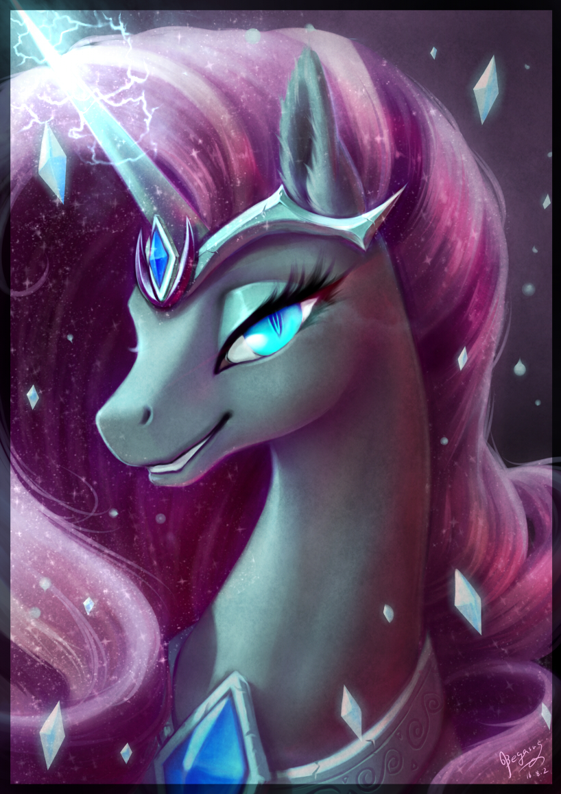 2016 begasuslu blue_eyes crown crystal equine female feral friendship_is_magic fur grey_fur hair horn jewelry looking_at_viewer magic mammal my_little_pony necklace nightmare_rarity_(idw) pink_hair portrait slit_pupils solo tiara unicorn