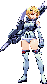 1girl animated animated_gif armor armored_boots blonde_hair gloves hair_ornament hairpin huge_weapon natalia_glinka panties pixel_art red_eyes short_hair simple_background solo transparent_background vanguard_princess weapon