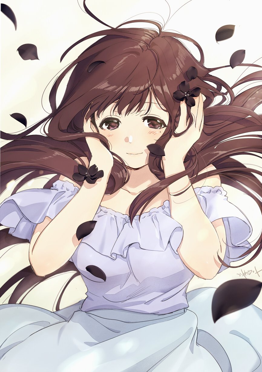 1girl black_flower blouse breasts brown_eyes brown_hair closed_mouth commentary_request copyright_request floating_hair flower grey_skirt hair_flower hair_ornament highres kawai_makoto large_breasts long_hair looking_at_viewer mole mole_under_eye petals signature skirt smile solo yellow_background