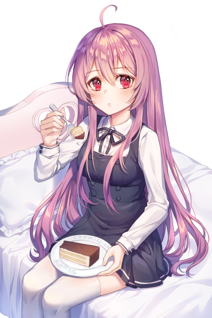 1girl ahoge bangs bed black_skirt blush brown_hair buttons cake closed_mouth collared_shirt commission dress food fork hair_between_eyes hand_up holding holding_fork holding_plate long_hair long_sleeves looking_at_viewer miniskirt on_bed original pillow pinafore_dress plate pleated_skirt red_eyes roang shirt sidelocks sitting skirt slice_of_cake solo thighhighs very_long_hair white_legwear white_shirt zettai_ryouiki