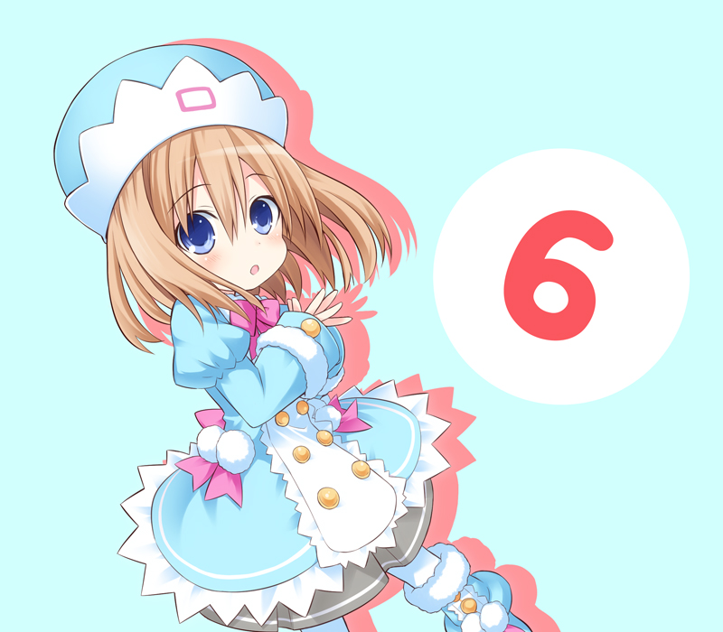 6 blue_eyes brown_hair hat looking_at_viewer neptune_(series) number open_mouth pantyhose rom_(choujigen_game_neptune) short_hair smile solo taka_(suigendou)