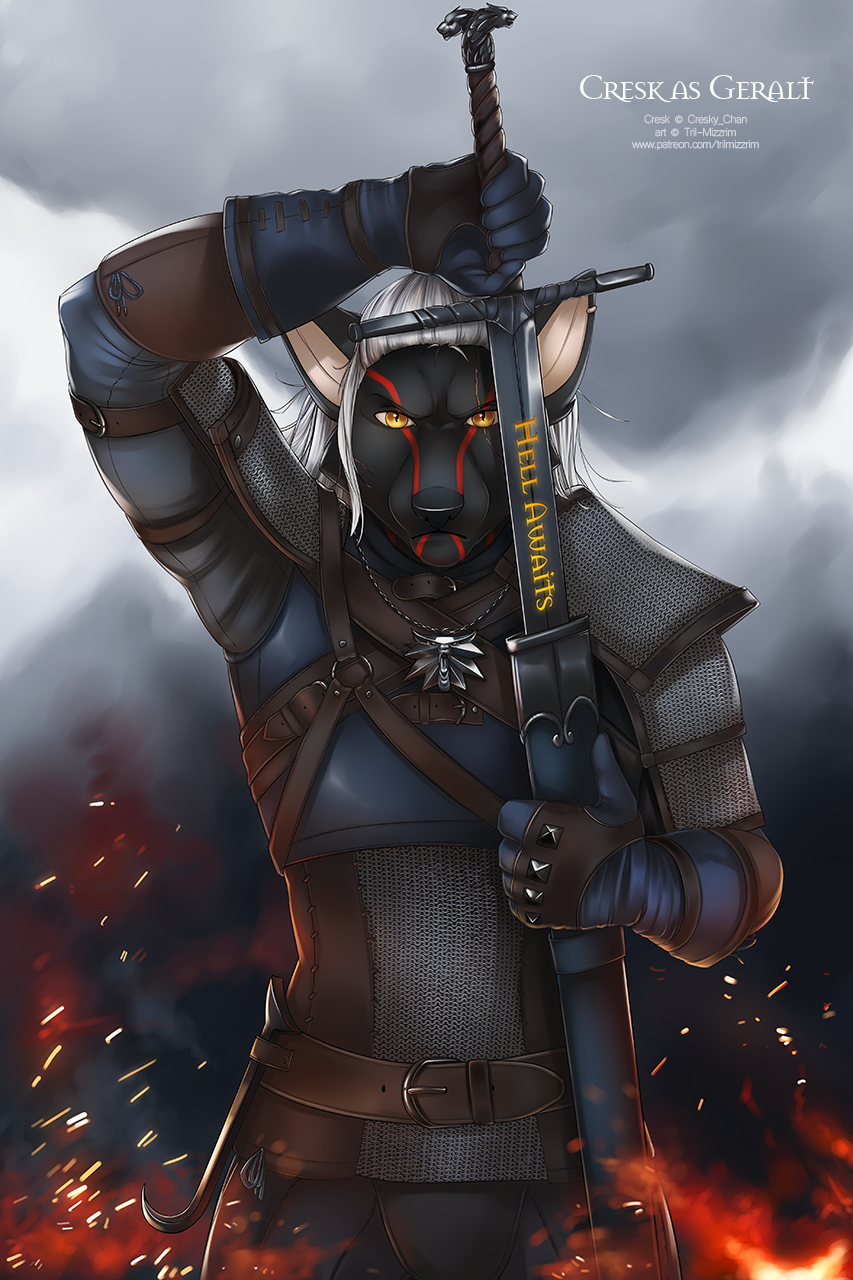 5_fingers anthro armor black_fur black_nose canine clothed clothing cosplay day english_text fur gloves holding_object holding_weapon implied_fire jewelry looking_at_viewer mammal melee_weapon necklace outside solo sword text the_witcher tril-mizzrim weapon