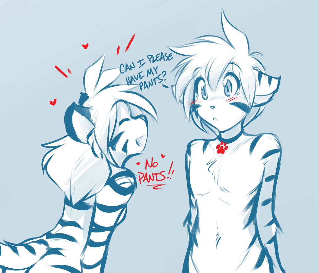 &lt;3 anthro blue_background blush chest_tuft collar dialogue duo english_text feline female flora_(twokinds) fur keidran male mammal monochrome nude open_mouth simple_background smile striped_fur stripes text tiger tiger_trace tom_fischbach trace_legacy tuft twokinds
