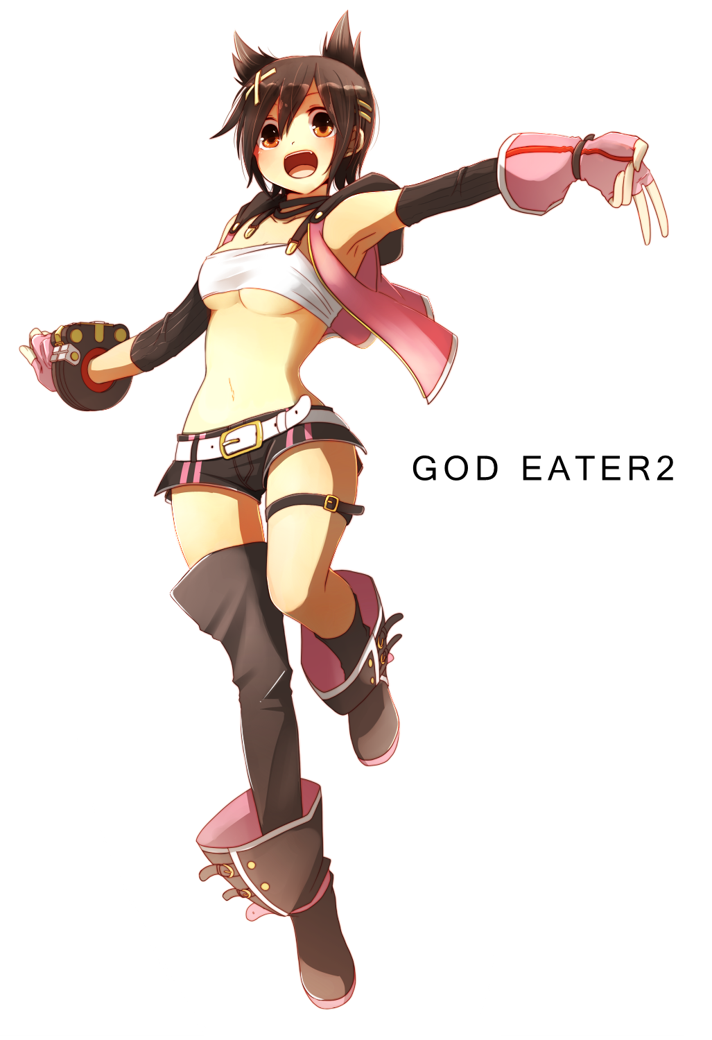 1girl :d animal_ears asymmetrical_legwear belt black_footwear black_hair black_legwear black_shorts black_sleeves bra breasts brown_eyes cat_ears copyright_name detached_sleeves fingerless_gloves gloves god_eater god_eater_2:_rage_burst hair_between_eyes hair_ornament highres jewelry kabocha_(conoa122a) kouzuki_nana medium_breasts midriff navel necklace open_mouth outstretched_arms pink_gloves short_shorts shorts simple_background smile solo stomach thighhighs underboob underwear v white_background white_bra x_hair_ornament