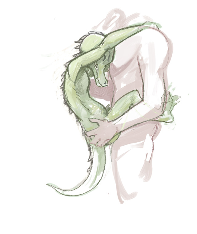 abdominal_bulge armpits embrace eyes_closed female holding_character human kobold larger_male male male/female mammal nude size_difference smaller_female unknown_artist