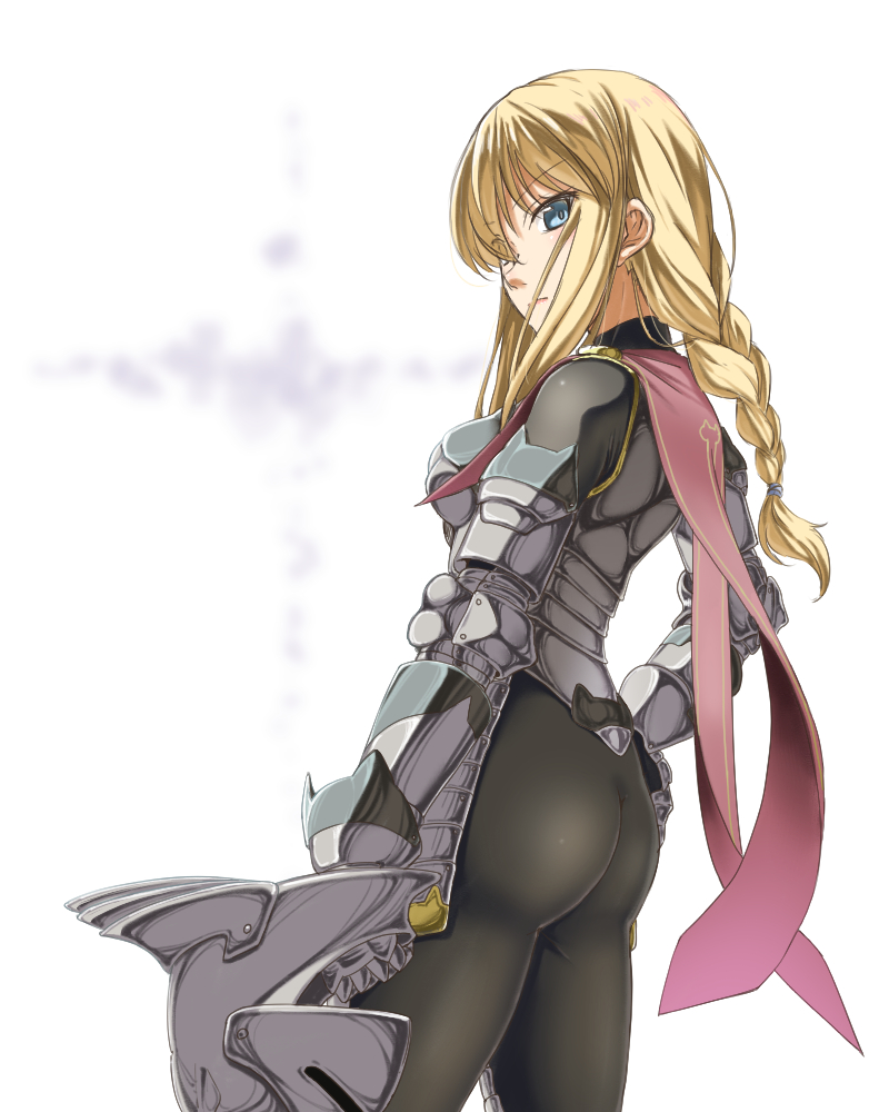 armor ass blue_eyes bodysuit braid contrapposto cowter flat_ass gauntlets hand_on_hip helmet looking_at_viewer looking_back original shimotsuki_iko single_braid solo standing